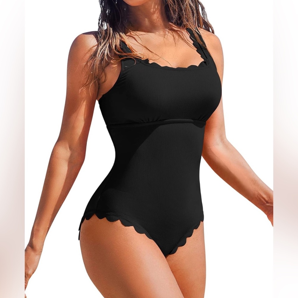 Charmo Womens Scalloped Ribbed One Piece Swimsuits Square Neck Retro Size Medium